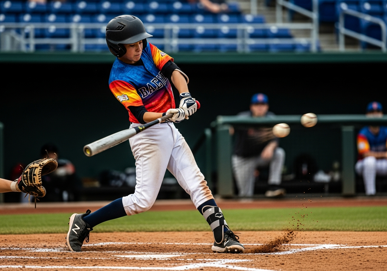 Youth player making powerful contact with the baseball